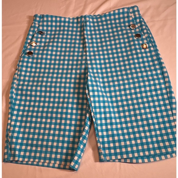 ava & grace petite Pants - Ava & Grace Petite Turquoise Gingham Sailor Shorts Silver Button High Rise PL